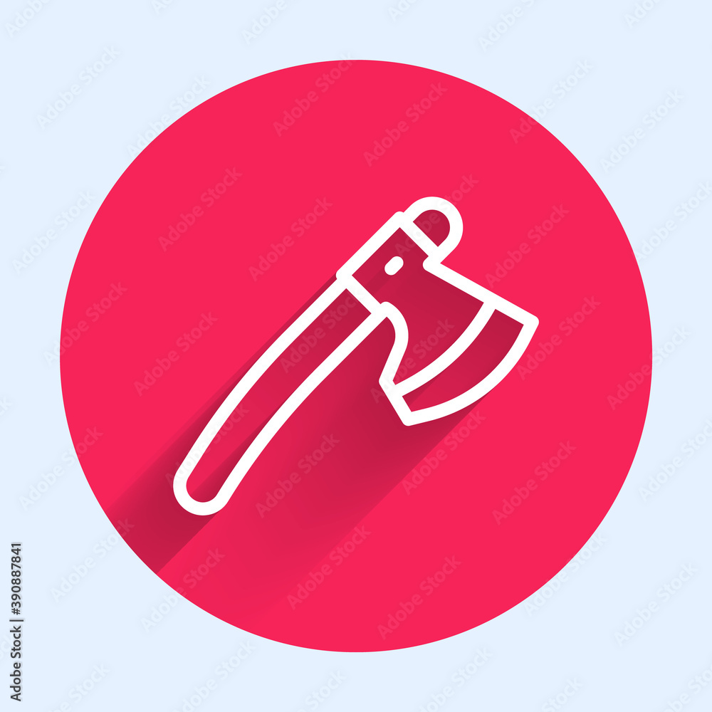 Poster white line wooden axe icon isolated with long shadow. lumberjack axe. red circle button. vector.