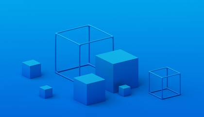Abstract 3d render, geometric composition, blue background design with cubes