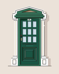 Beautiful green retro vintage front door. House Exterior. Home entrance. Colored vector illustration.