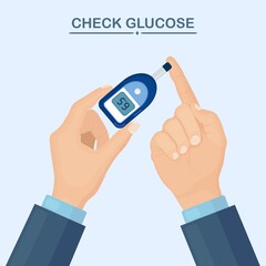 Check glucose by glucometer. Blood test. Vector flat design