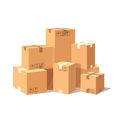 Set of 3d isometric carton, cardboard box. Transportation package in store, distibution concept. Vector cartoon design