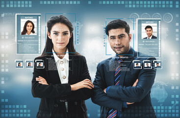 Facial recognition technology scan and detect people face for identification . Future concept interface showing digital biometric security system that analyze human face to verify personal data .