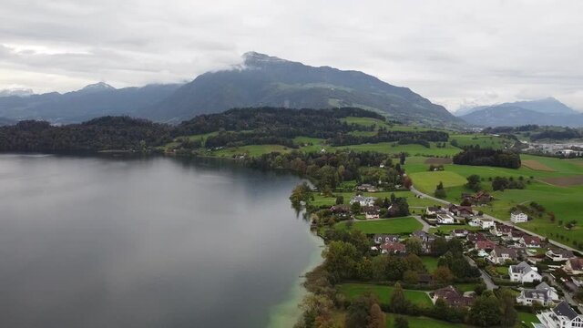 landscape with lake and mountains, Switzerland, drone