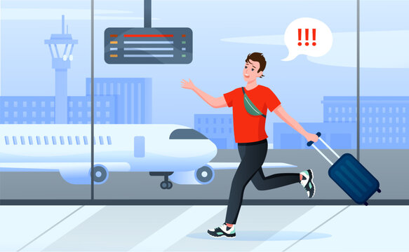 Late for plane, cartoon busy man tourist character with travel suitcase running through airport