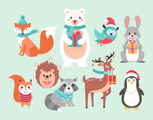 Obraz na płótnie Canvas Christmas cute woodland animals vector illustration set. Funny forest xmas animal characters holding gifts and hot drink mug, wearing scarf and red Santa Claus hat, Christmas hand drawn background