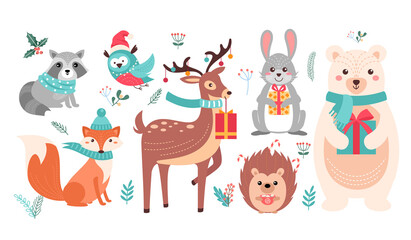 Christmas cute woodland animals set, forest xmas characters