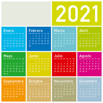 Colorful Calendar for Year 2021, in Spanish.