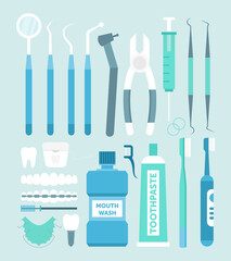 Vector illustration set of dental tools. Dental instruments collection, medicine and healthy, tooth care concept.