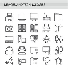 Devices icons set in thin line style isolated on white background. Modern digital technology icons collection.