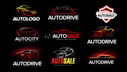 Automotive Car Logo Template Design set. Auto car dealer logo design with concept sports vehicle icon silhouette on black background. Vector illustration.