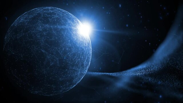 Rotation of network sphere with shiny star light and binary numbers. Artistic artificial intelligence globe in digital cyberspace animation background.