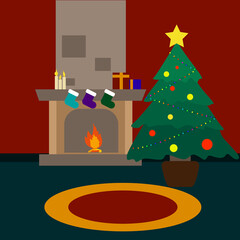 Christmas illustration. Santa, fireplace, holiday. Winter evening. Vector illustration.