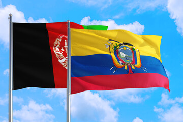 Ecuador and Afghanistan national flag waving in the wind on a deep blue sky together. High quality fabric. International relations concept.
