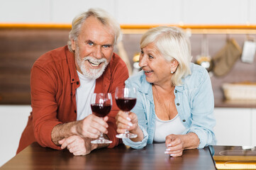 Happy gray-haired elderly spouses in casual wear stand in the kitchen with wine in their hands and look at the camera and laughing