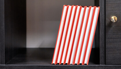 Books with red binding on a bookcase shelf.