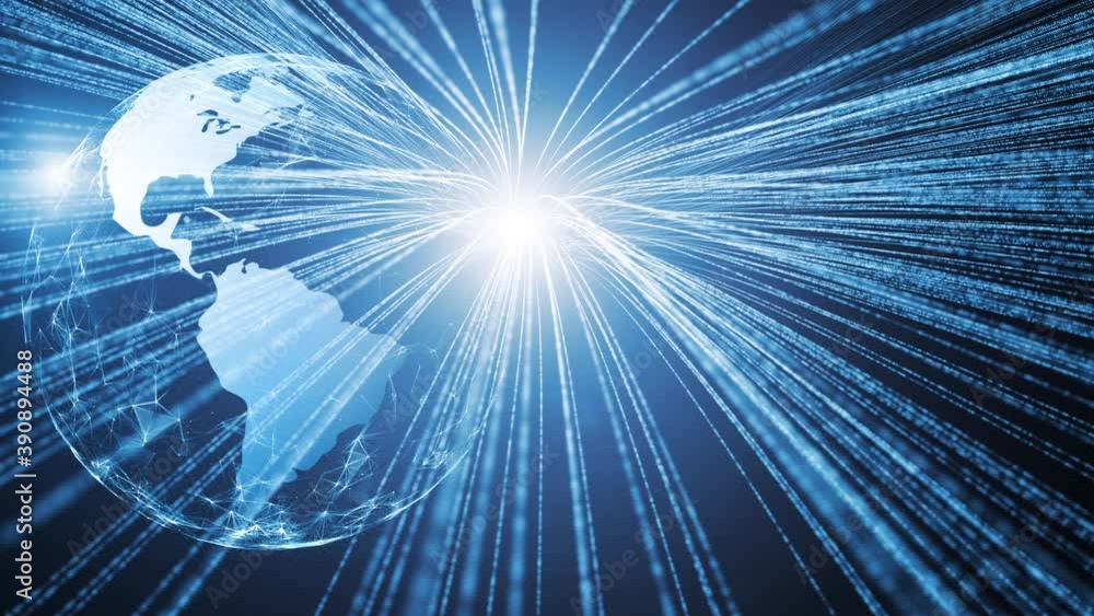 Poster cyberspace with abstract earth planet motion, view from space. concept digital technology and scienc