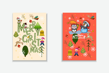 	
Merry Christmas  Vector trendy abstract illustrations of holiday card with forest, santa claus, deer, lettering, christmas tree and pine. Drawing for poster or pattern.