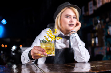 Girl bartender concocts a cocktail at the beerhouse