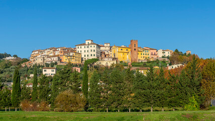Fototapeta na wymiar Beautiful panoramic view of the hilltop village of Santa Maria a Monte, Pisa, Italy, in the autumn season