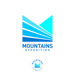Mountains expedition logo. M monogram. Letter M like mountain fields and blue peaks. Logo can used for business, extreme equipment, clothes, mount tourism. - obrazy, fototapety, plakaty