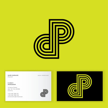 D and P letters. D, P monogram consist of some lines, isolated on different backgrounds. Identity. Business card.