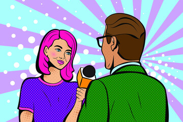 Beautiful girl interviews, journalist with microphone.   Vector background in comic style retro pop art. 