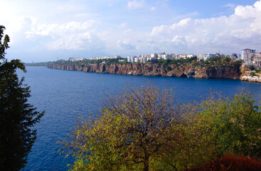 Fototapeta na wymiar Turkey. Antalya. 20.10.20. View of the steep coast over the Mediterranean Sea and the city.