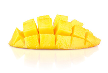 Mango exotic fruit cut piece. Whole fresh mango isolated on white background. Fruit with clipping path included.