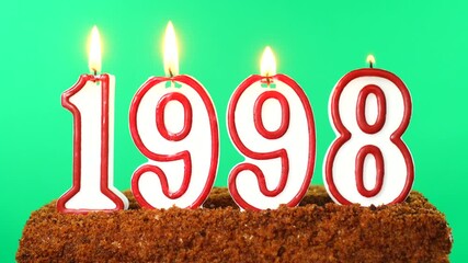 Cake with the number 1998 lighted candle. Last century date. Chroma key. Green Screen. Isolated