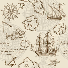 Old caravel, vintage sailboat, sea monster. Monochrome Hand drawn sketch. Seamless pattern for boy. Detail of the old geographical maps of sea.