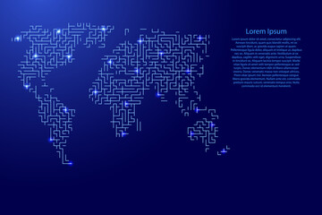Fototapeta na wymiar World map from blue pattern of the maze grid and glowing space stars grid. Vector illustration.