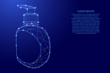 Sanitizer pump bottle, washing gel from futuristic polygonal blue lines and glowing stars for banner, poster, greeting card. Vector illustration.