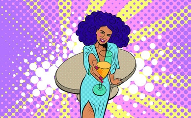 Woman with a glass of champagne. 2021 New Year comic book style postcard or greeting card. Pop art vector illustration. New Year Party comic stile. 