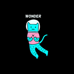 cute blue cat in astronaut helmet, illustration with hipster style. Vector graphics for t-shirt prints and other uses.