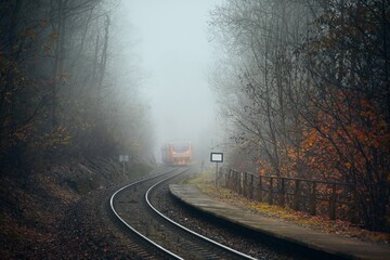 Passenger train leaving railroad station in foggy forest