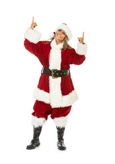 Santa Girl Points Upwards With Both Hands