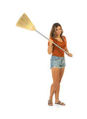 Casual Woman With Broom