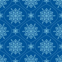 Fototapeta na wymiar Seamless geometric pattern with snowflakes on blue background