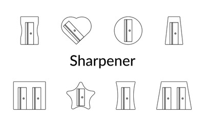 Vector set of pencil sharpeners icons. Black-white, linear illustrations. Minimalistic design. For websites, social networks, online stores.