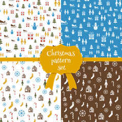 Set of christmas seamless patterns in cartoon style. Vector Christmas icons and templates. Doodle style Christmas cards.