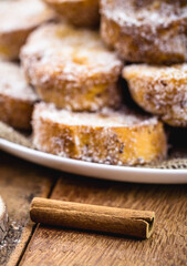Dessert of bread known as golden slice, slice of lamb, french toast, Eggy bread, French toast, “Pain Perdu”. Isolated white background