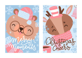 Set of Christmas and New Year greeting cards. Vector flat illustration of reindeear and bear in Santa hat with scarf and hot cup. Letterig greeting text. Vertical banners.