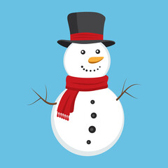 Cute snowman with a red scarf and black cylinder hat isolated on blue background. Winter and Christmas concept. Flat design vector illustration