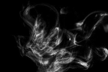 White natural steam hot boil smoke effect on solid black background with abstract blur motion wave swirl use for overlay in vapor cigarette and food