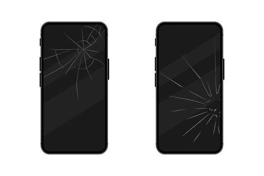 Black smartphones with a broken display. Broken mobile phone screen. Touch smartphone with broken screen. Cracked smartphone screen. Сell phone smash damage screen repair