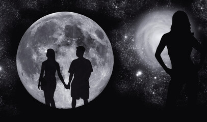 Love couple in full Moon night