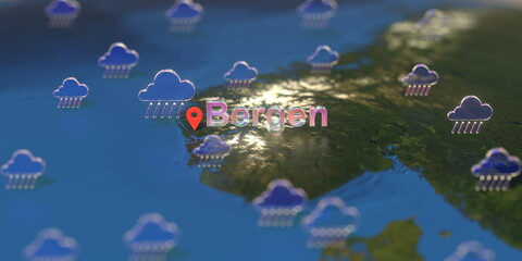 Rainy weather icons near Bergen city on the map, weather forecast related 3D rendering