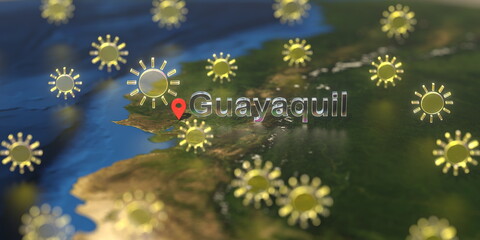 Fototapeta na wymiar Sunny weather icons near Guayaquil city on the map, weather forecast related 3D rendering