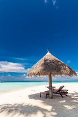 White sandy beach in Maldives with amazing blue lagoon