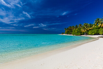 Fototapeta na wymiar Tropical beach in Maldives with palm trees and vibrant lagoon